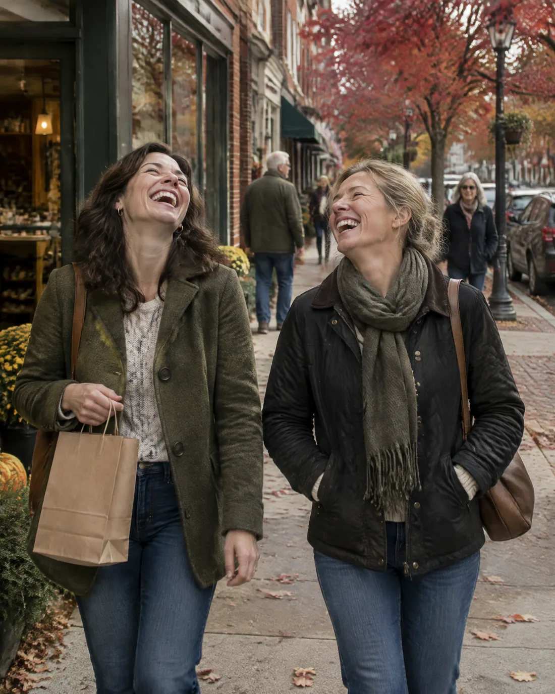 Two friends laughing on a New England main street after a shop visit